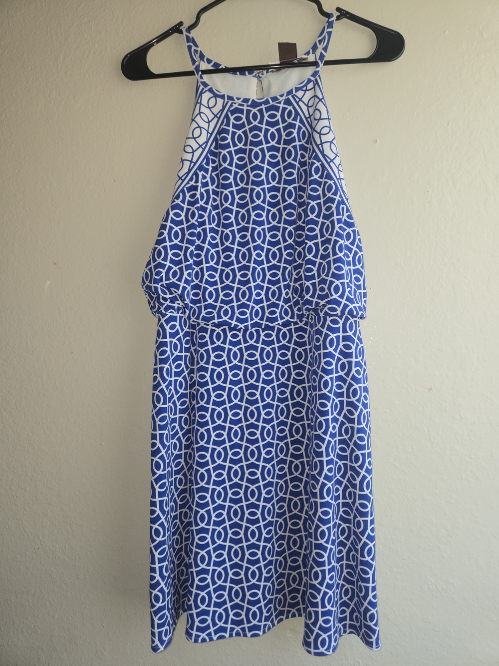London Times Blue & White Geometric Halter Dress Size 14